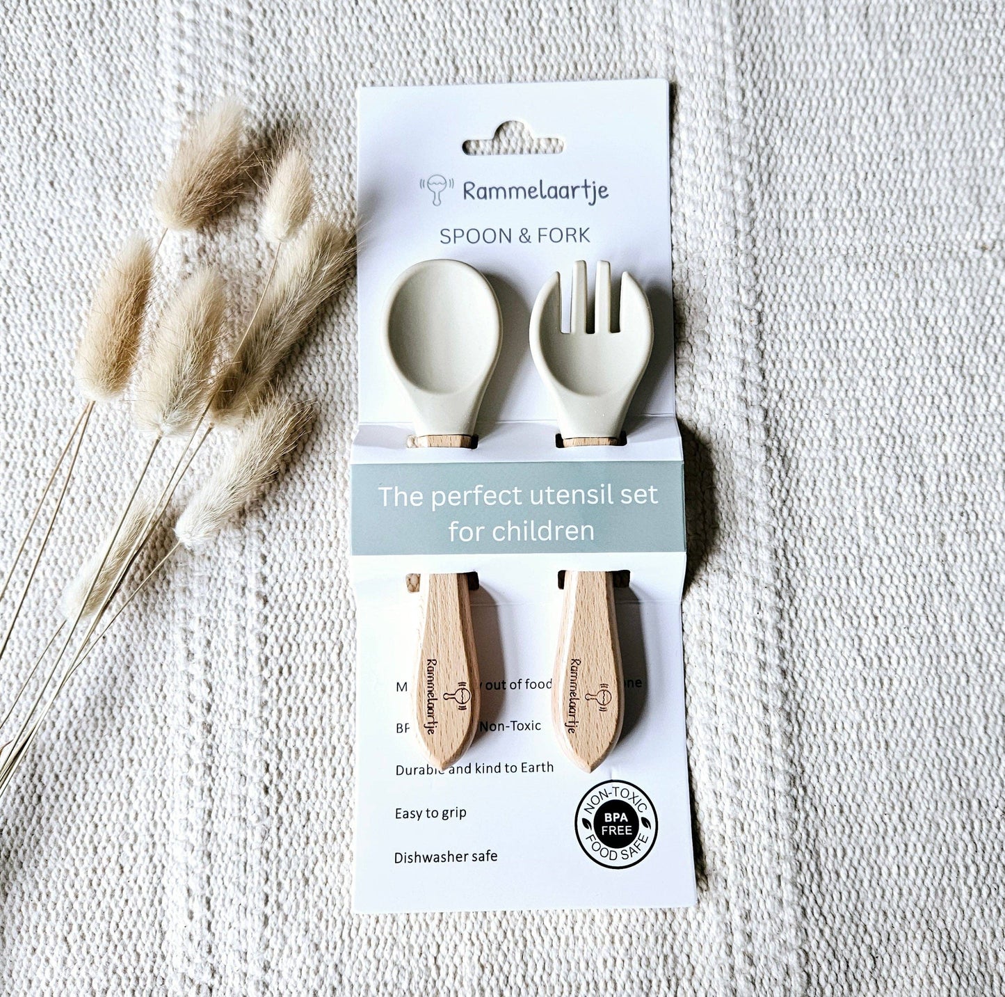 Rammelaartje - Cuillère et fourchette en silicone avec manche en bambou - Beige