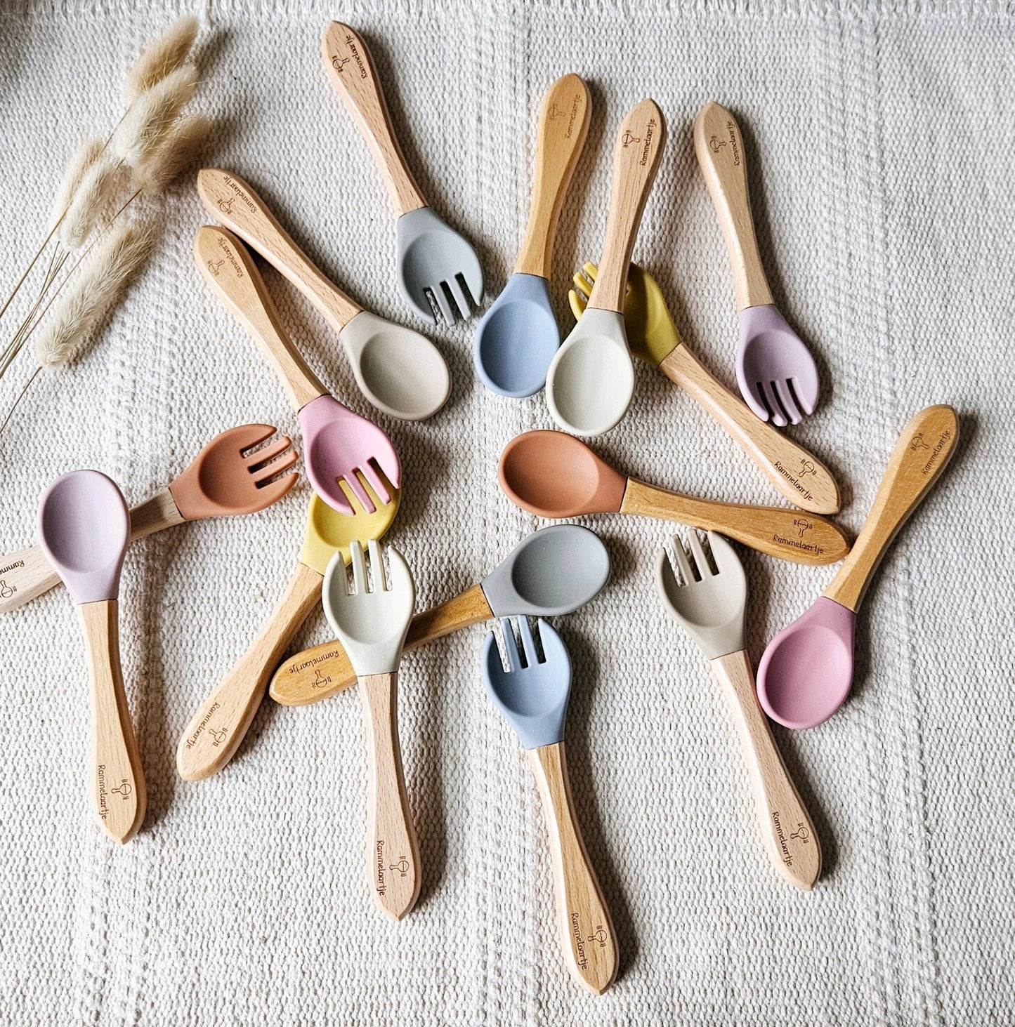 Rammelaartje - Cuillère et fourchette en silicone avec manche en bambou - Beige